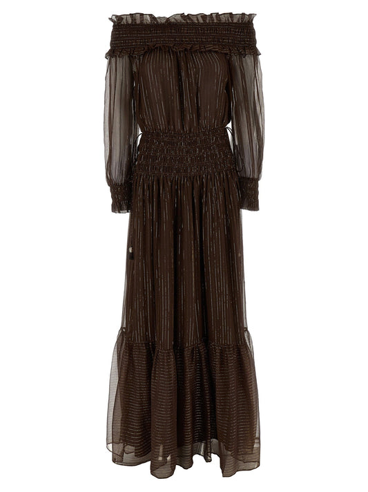 Self-Portrait Brown Georgette Off Shoulder Maxi Dress
