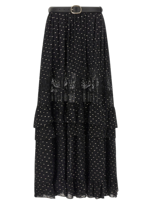 Self-Portrait Black And Gold Chiffon Lace Maxi Skirt